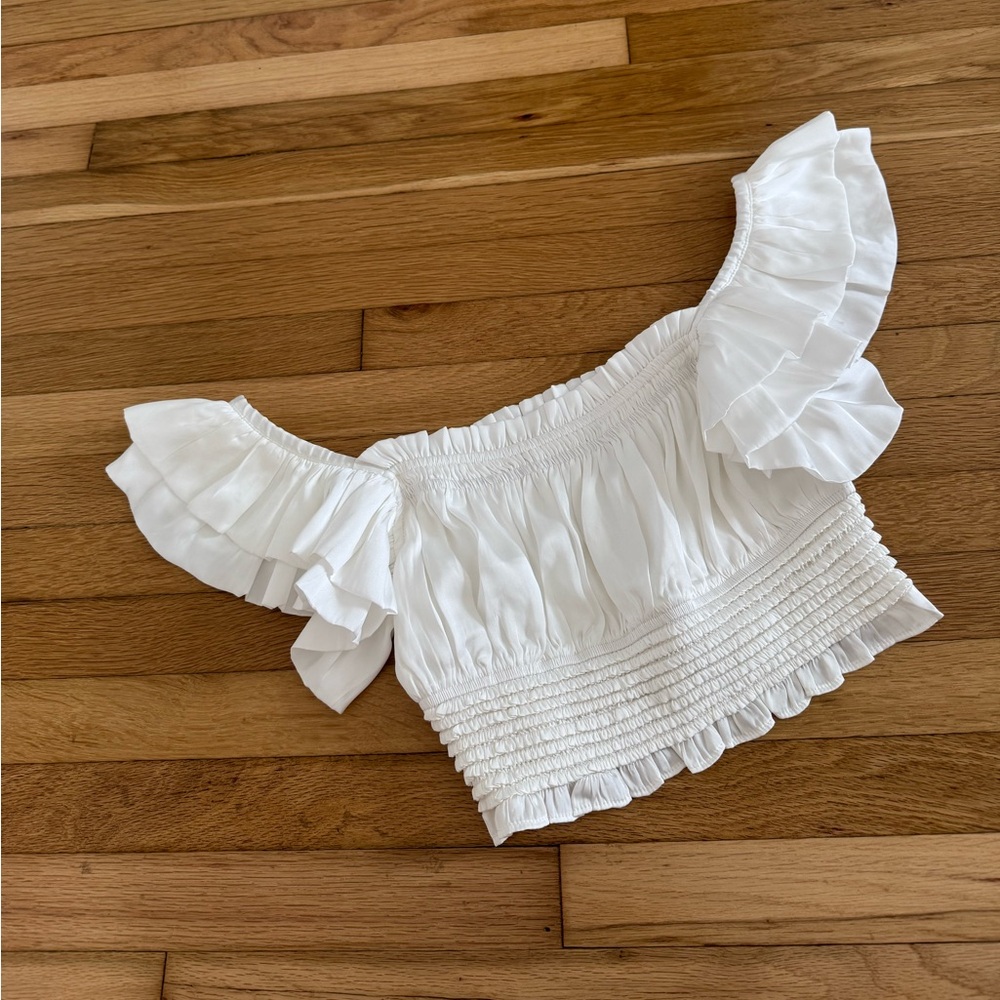 Musette White Off Shoulder Cropped Frilly Blouse Corset